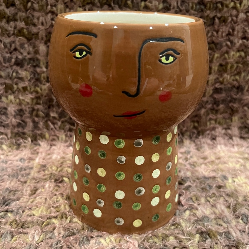 Opal House, Picasso Inspired Face Planter/Vase 6” Stoneware, light brown